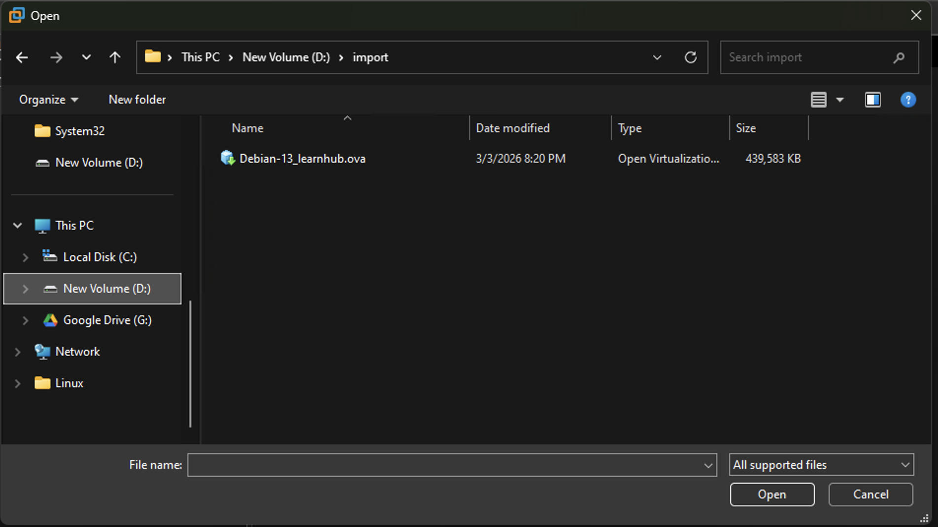 Pilih file .ova, lalu klik **Open**.
